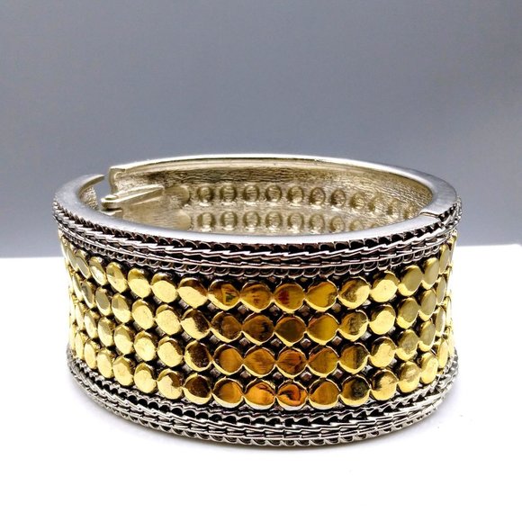 Chunky Retro Clamper Bracelet, Two Tone Wide Vintage Hinged Bangle - Picture 2 of 4